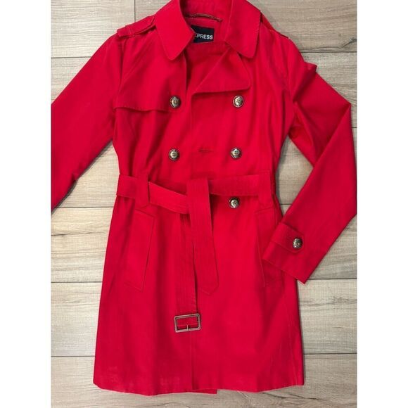 EXPRESS RED Women’s BELTED TRENCH COAT Small S Jacket - Picture 2 of 5